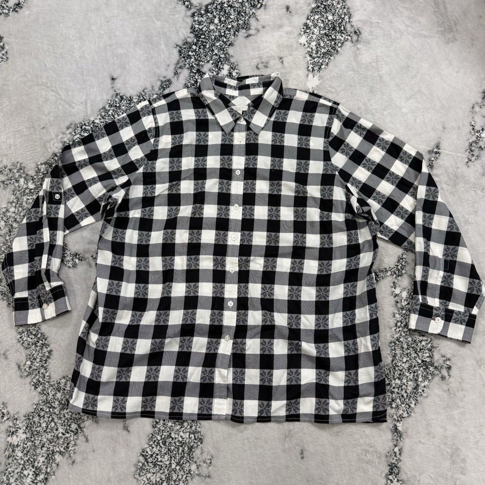 Talbots Plus Size 3X Black & White Check Gingham Button Up Shirt Roll Tab Sleeve
